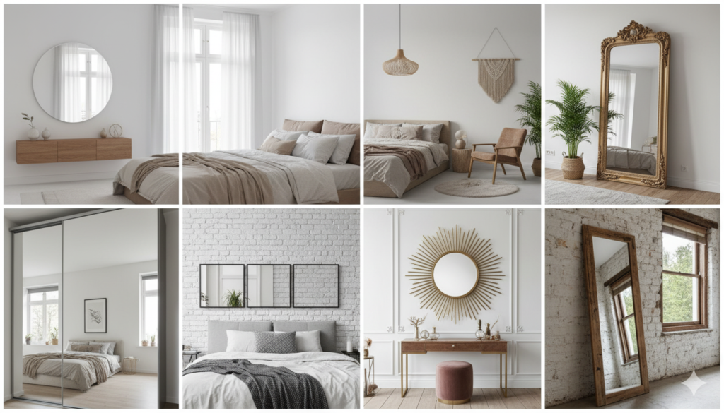 Различные варианты размещения зеркал в спальне