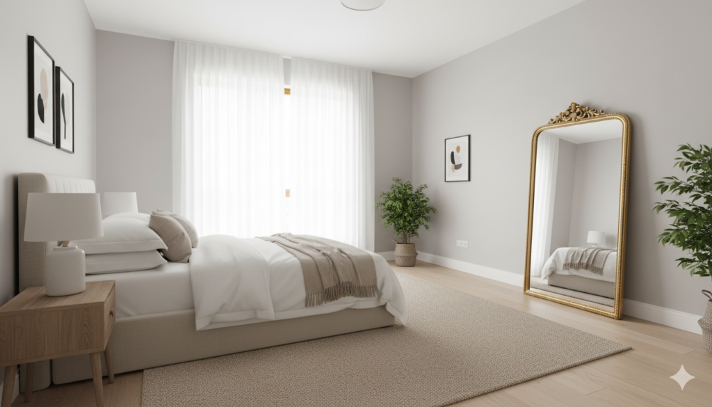 Зеркало в спальне улучшает пространство и свет