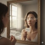 Человек смотрит в зеркало с иллюзией отражения