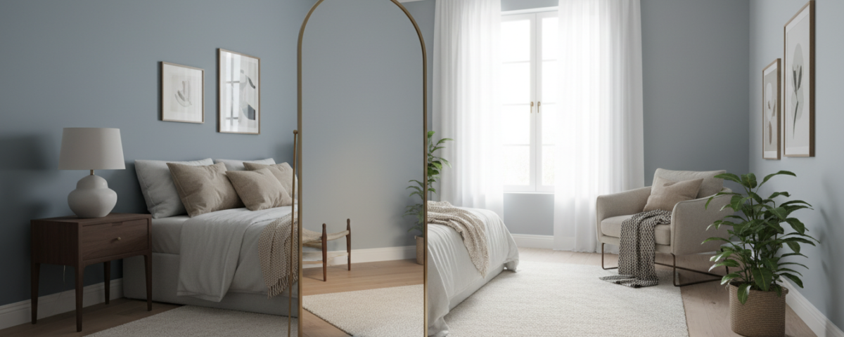 Современная спальня с зеркалом и естественным светом