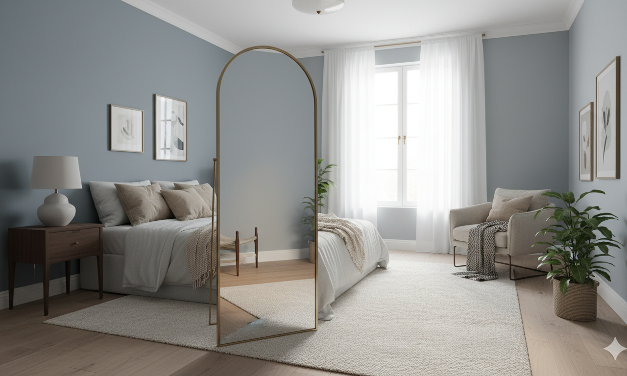 Современная спальня с зеркалом и естественным светом