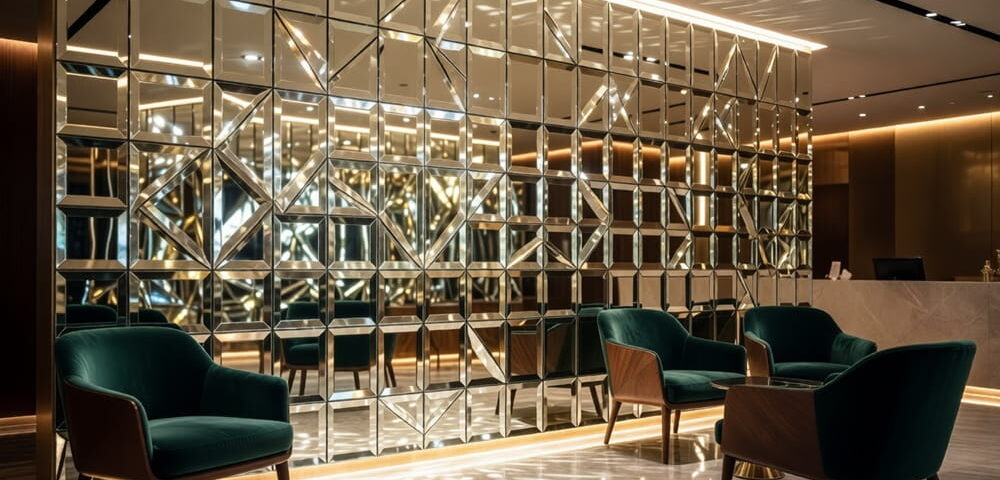 зеркальное панно из плитки с фацетом на стене ресепшн
